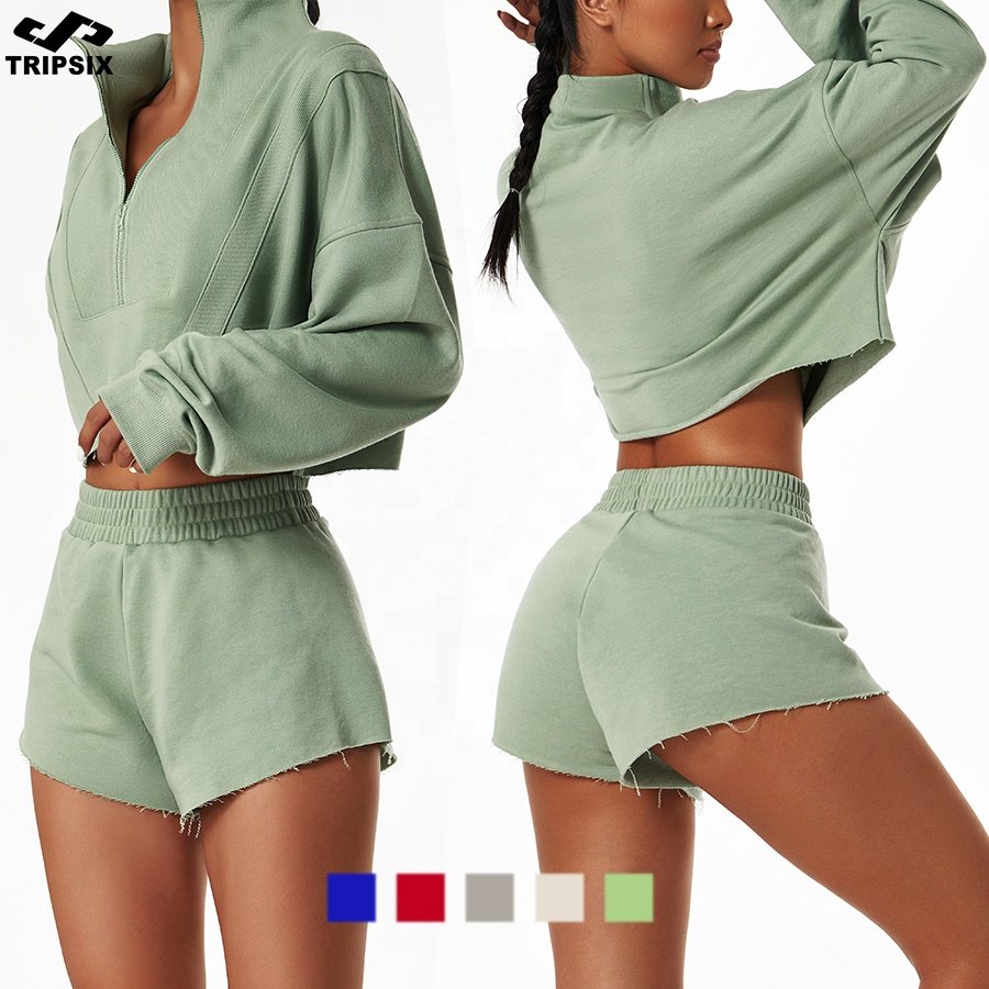 New Arrival Winter Women Crop Top Hoodies With Half Zipper Fitness Yoga Short Sports Workout Sweatshirts Loose Gym Hoodies Set
