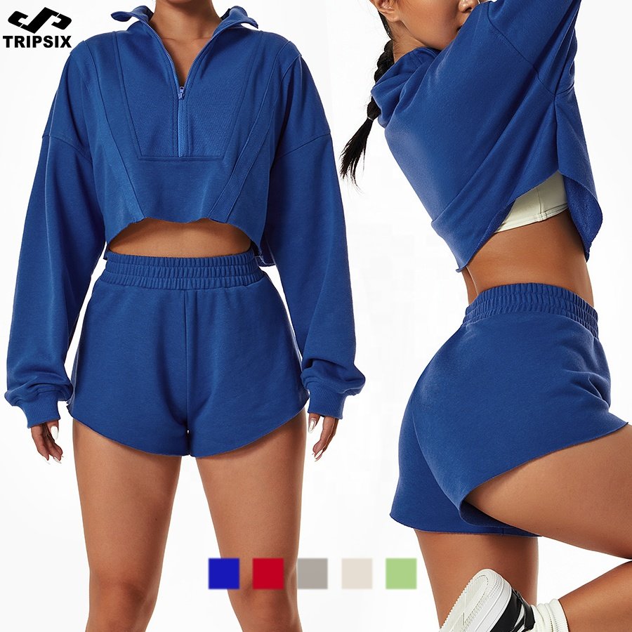 New Arrival Winter Women Crop Top Hoodies With Half Zipper Fitness Yoga Short Sports Workout Sweatshirts Loose Gym Hoodies Set