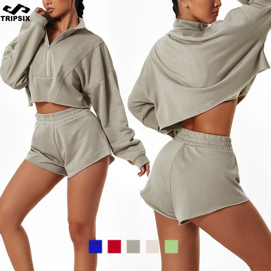 New Arrival Winter Women Crop Top Hoodies With Half Zipper Fitness Yoga Short Sports Workout Sweatshirts Loose Gym Hoodies Set