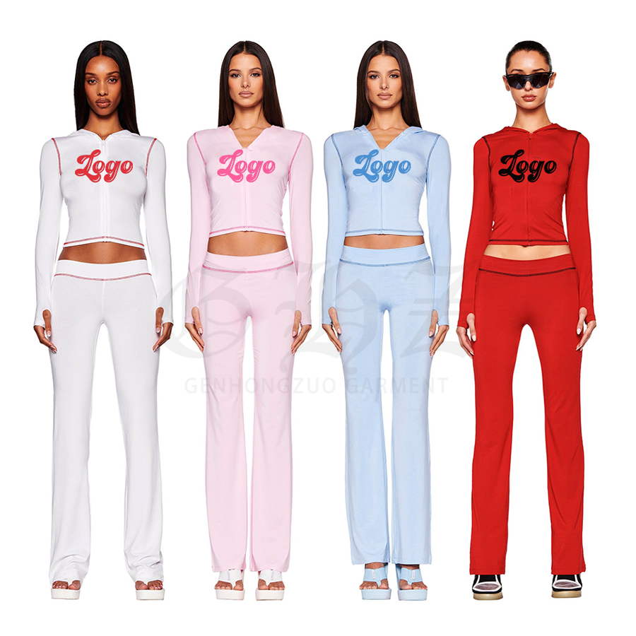 Custom Bamboo Jersey 2 Piece Set Loungewear Women Hoodie Zipper Jacket Flare Wide Leg Pants Leggings Sets Tracksuits for Women