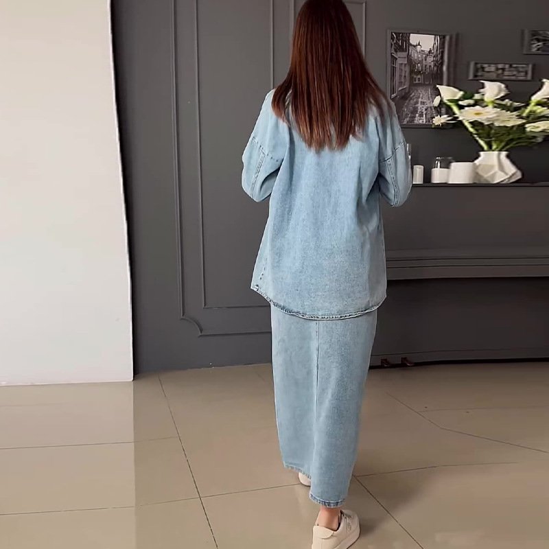 Boutique Wholesale 2024 Autumn New Fashion Vintage Washed Casual Denim Shirt Half Skirt Women's Set