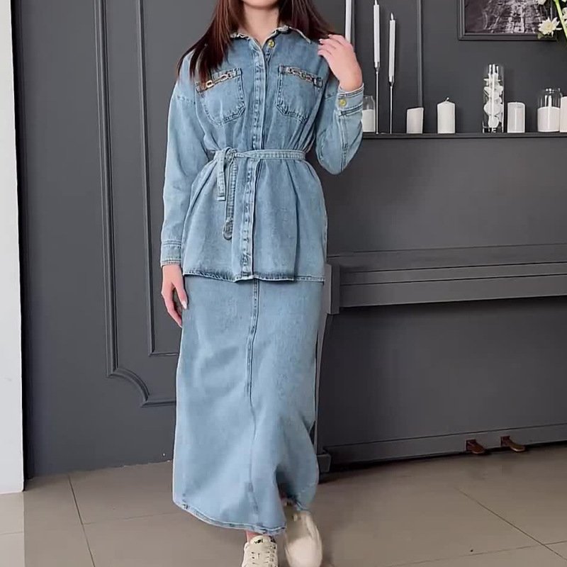 Boutique Wholesale 2024 Autumn New Fashion Vintage Washed Casual Denim Shirt Half Skirt Women's Set