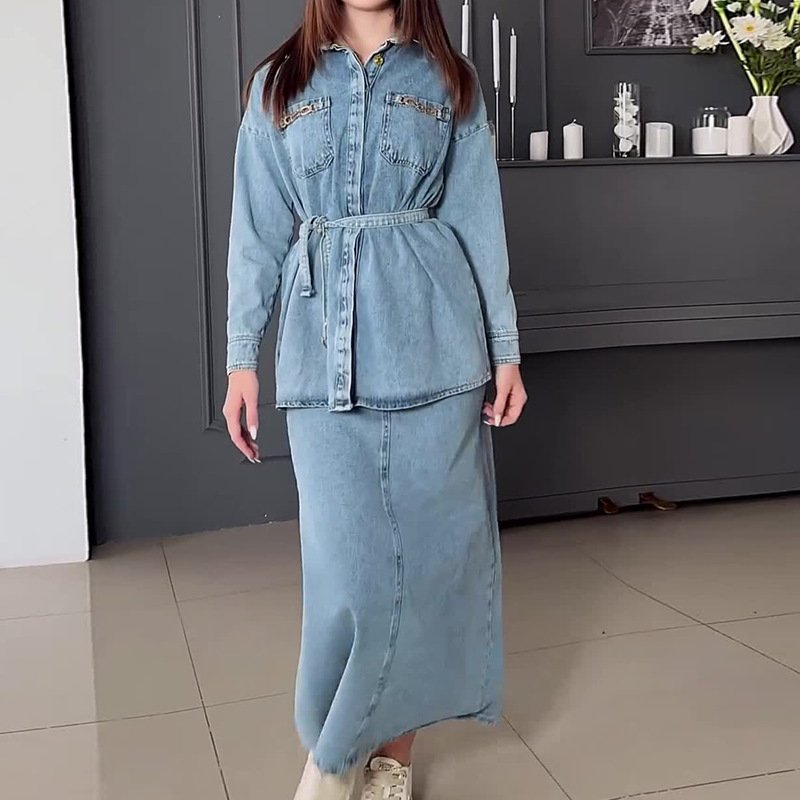 Boutique Wholesale 2024 Autumn New Fashion Vintage Washed Casual Denim Shirt Half Skirt Women's Set