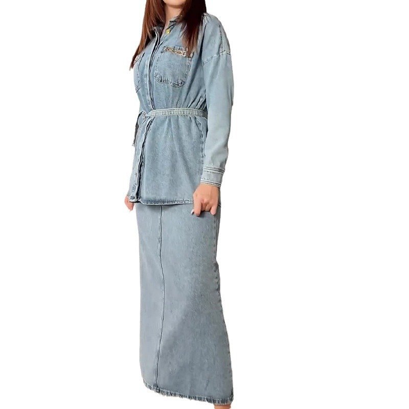 Boutique Wholesale 2024 Autumn New Fashion Vintage Washed Casual Denim Shirt Half Skirt Women's Set