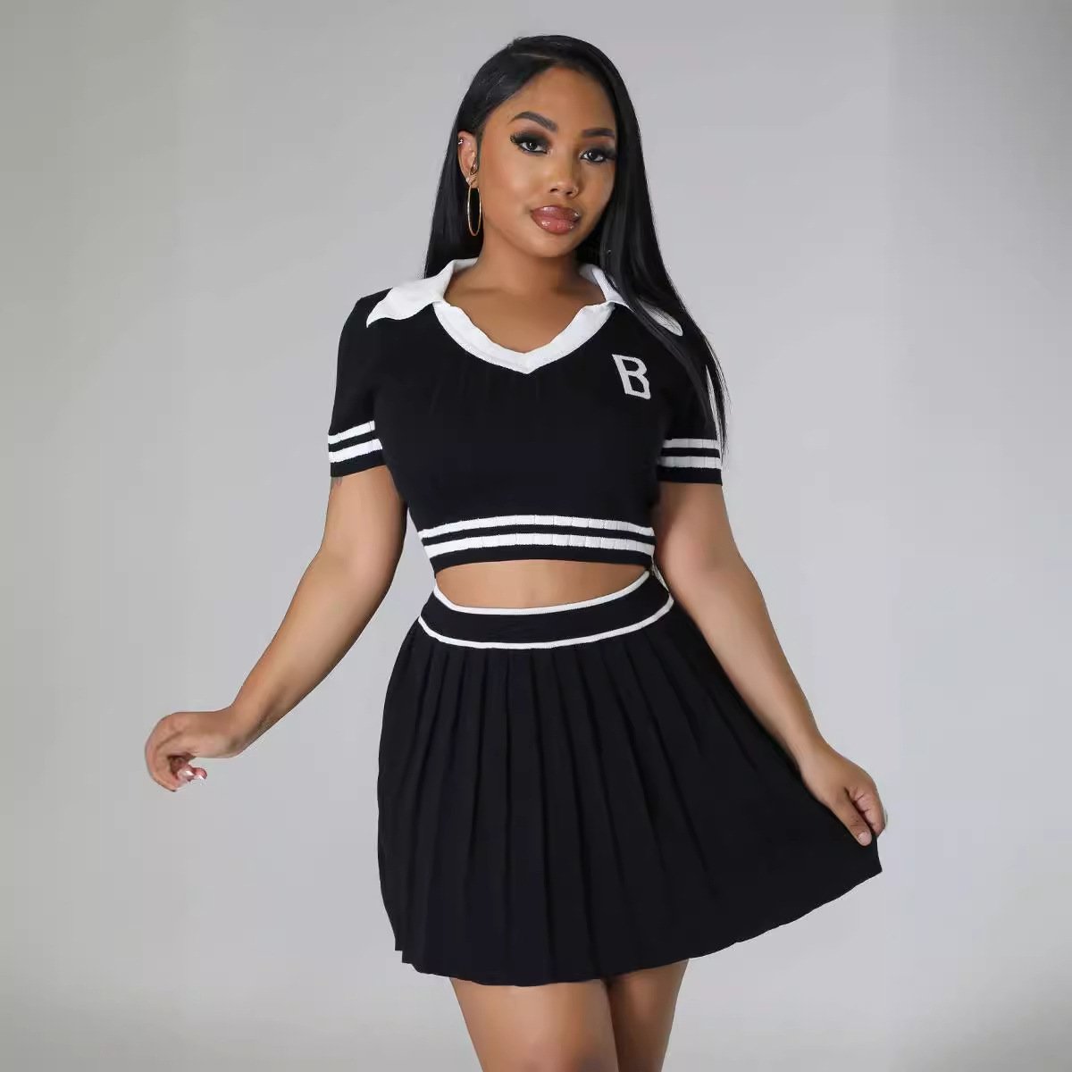 2024 New Design Pleated Two Sets For Womens Ribbed Knit 2 Piece Set Women Clothing Ladies Cute Shirt And Skirts
