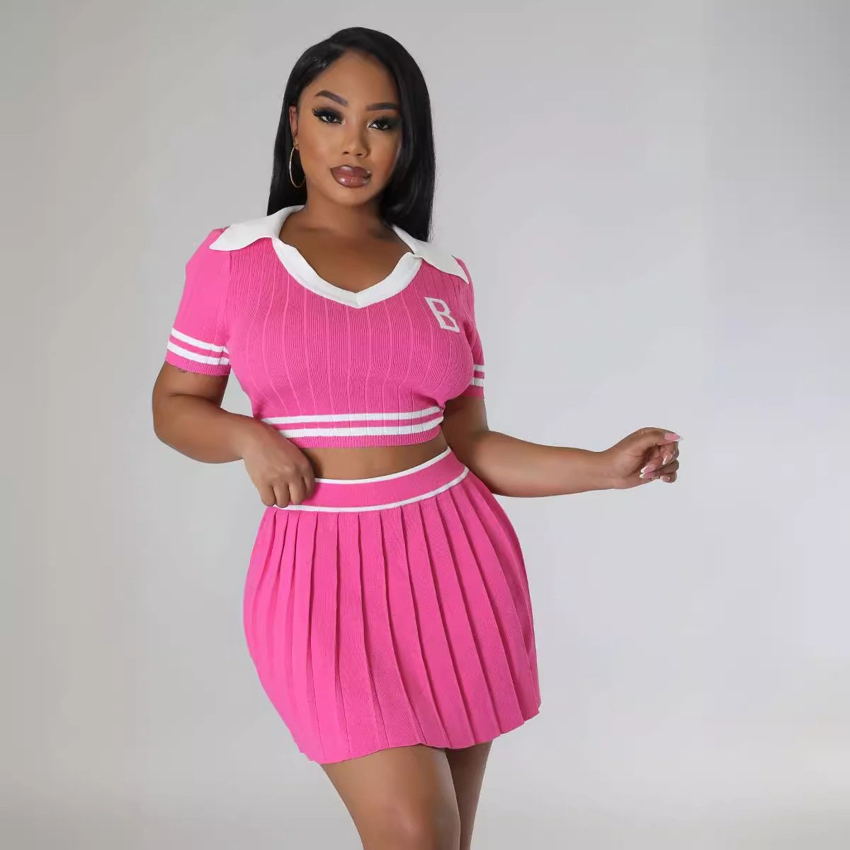 2024 New Design Pleated Two Sets For Womens Ribbed Knit 2 Piece Set Women Clothing Ladies Cute Shirt And Skirts