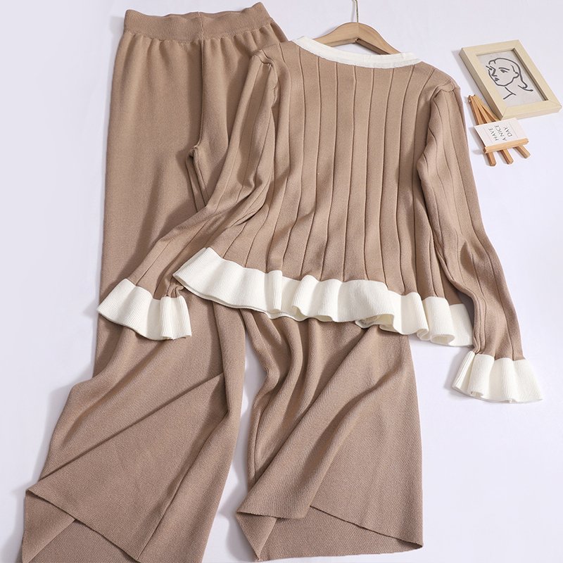 Boutique Wholesale 2024 Autumn New Sweet Ruffled Round Neck Sweater High Waisted Pants Women's Set