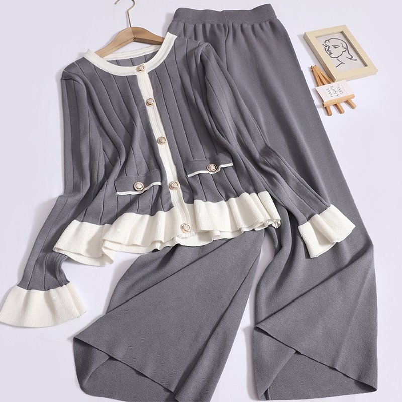 Boutique Wholesale 2024 Autumn New Sweet Ruffled Round Neck Sweater High Waisted Pants Women's Set