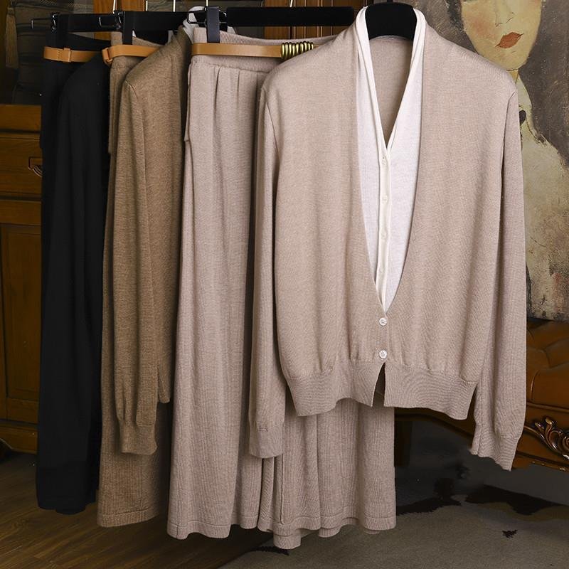 Wholesale 2024 Autumn New Fashion Style Slimming V-neck Fake Two Piece Wool Imitation Knitted Cardigan Skirt Women's Set