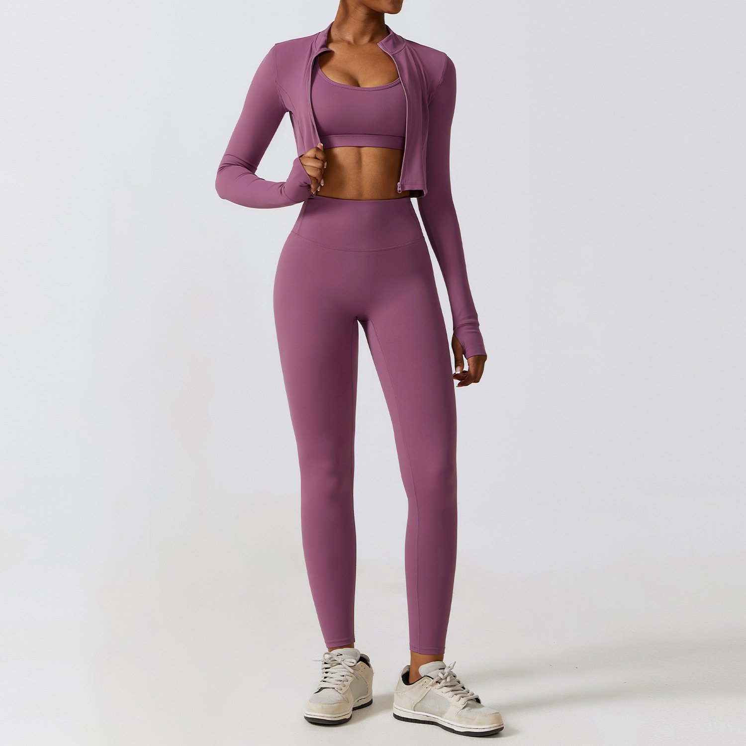 Custom Women's Fitness Sportswear Set Long Sleeve Gym Jackets Workout Leggings Yoga Shorts Seamless 3-Piece Activewear Plus Size