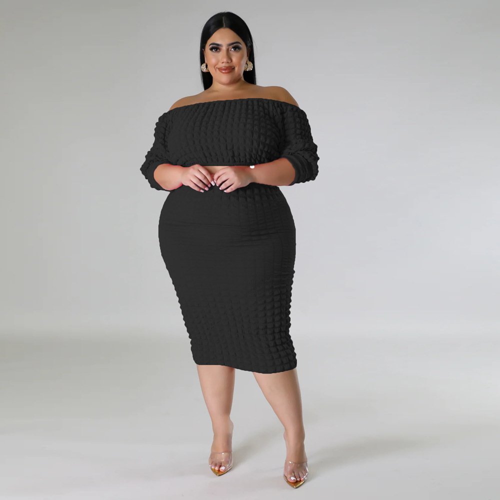 fall Fashion casual plus size women's clothing Off-neck solid color puff sleeve skirt and top set for women