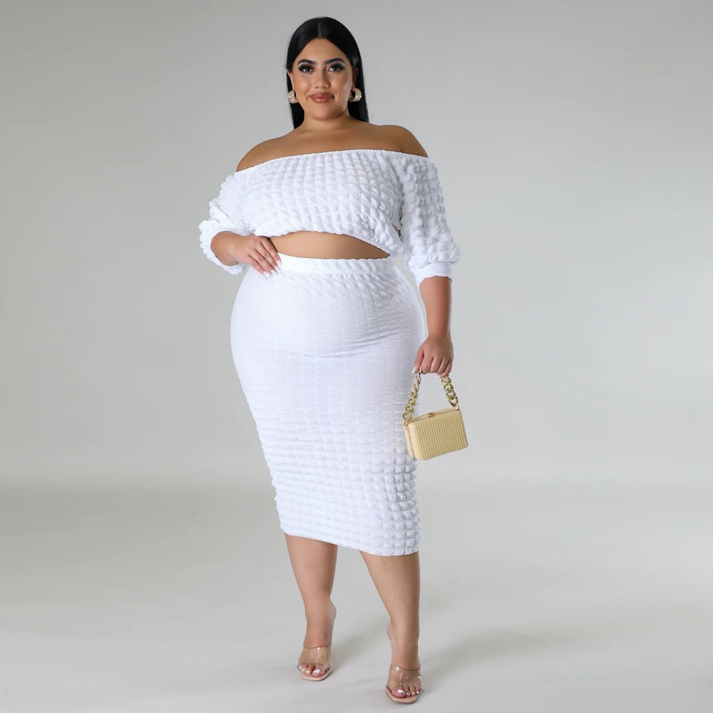 fall Fashion casual plus size women's clothing Off-neck solid color puff sleeve skirt and top set for women