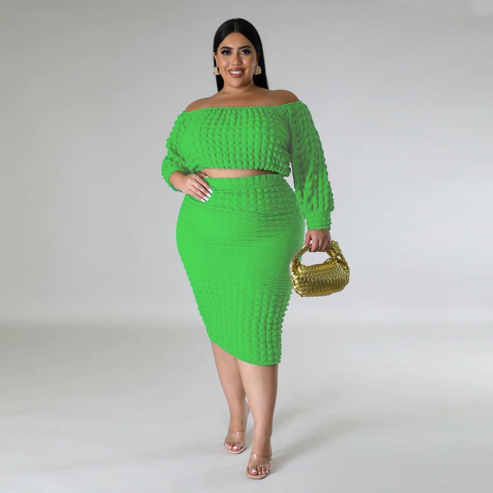 fall Fashion casual plus size women's clothing Off-neck solid color puff sleeve skirt and top set for women
