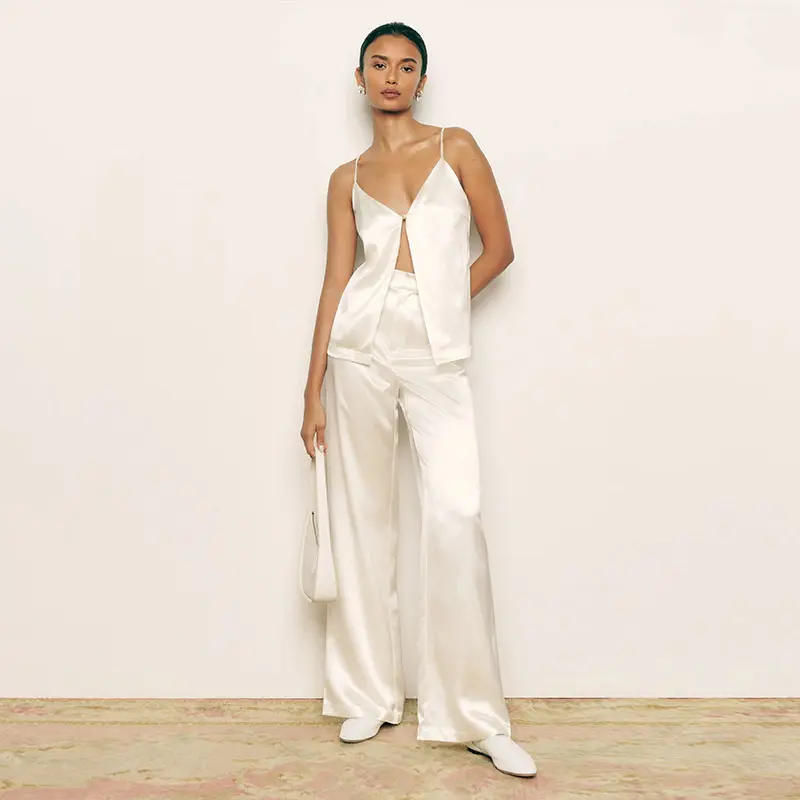 Luxury brand clothing shiny satin silk 2 piece set women's pyjamas women sleepwear tank tops wide leg loose long pants Set