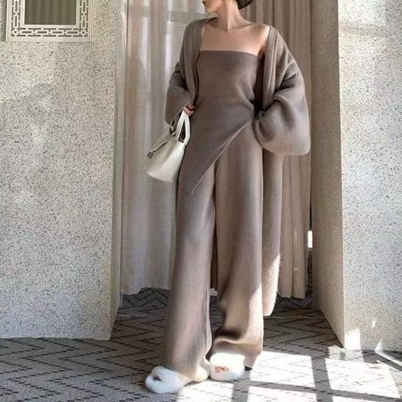 Boutique Wholesale 2024 Autumn New Fashion Knitted Cardigan High Waist Wide Leg Pants Women's Set