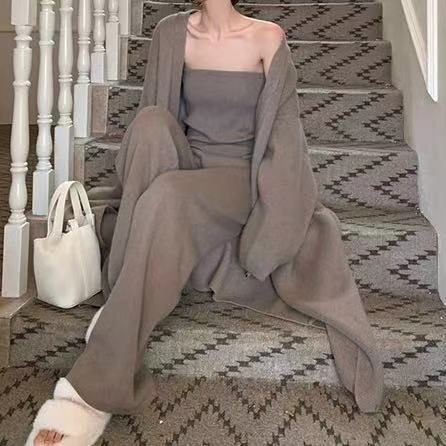 Boutique Wholesale 2024 Autumn New Fashion Knitted Cardigan High Waist Wide Leg Pants Women's Set
