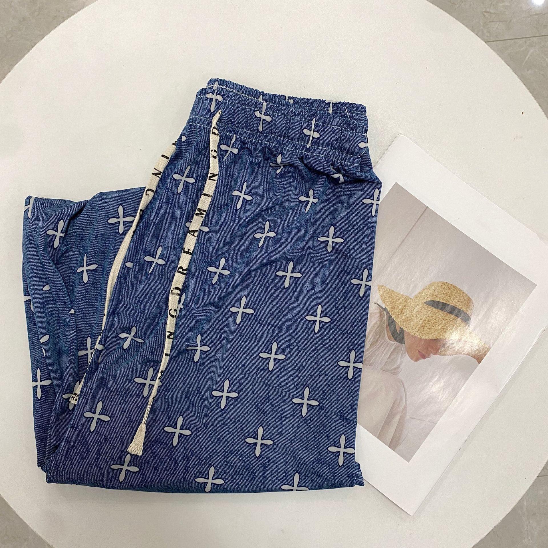 Low price High quality women's high waisted loose casual pants ice silk printed wide leg pants wholesale