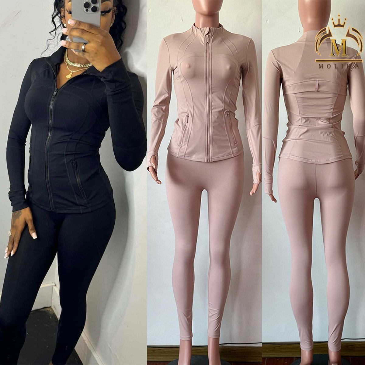 Spring Fall Women's Casual V-Neck Workout Sets Quick Dry Zipper Jacket Top Leggings Sets Yoga Fitness Wear Two Piece Jogger Sets