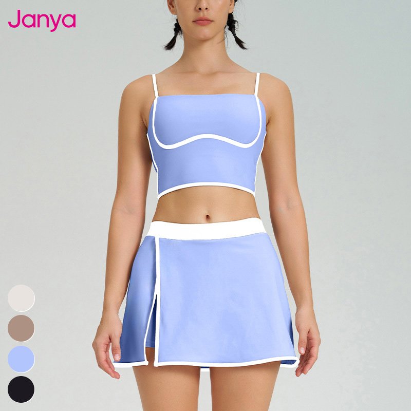 2025 New Fitness Sports Clothing Sets Color Blocking Yoga Tank Top Bra 2 In 1 Skirts Suit Golf Tennis Skirt 2 Piece Set Women