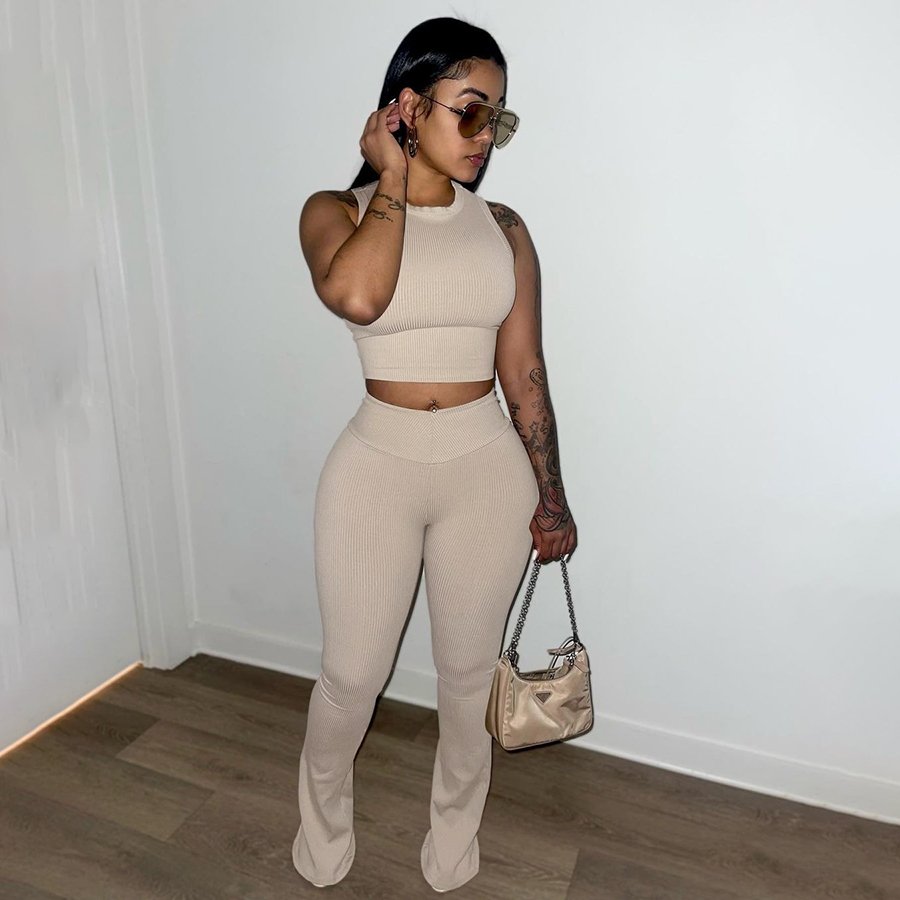 Kliou K23S30845 Casual Sleeveless Skinny Vest + Slim Flared Pants Ladies Two Pieces Set Classic Solid Simple Women's Sets