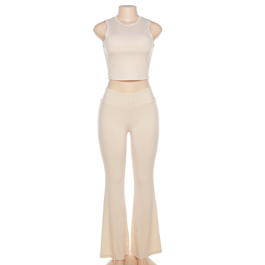 Kliou K23S30845 Casual Sleeveless Skinny Vest + Slim Flared Pants Ladies Two Pieces Set Classic Solid Simple Women's Sets