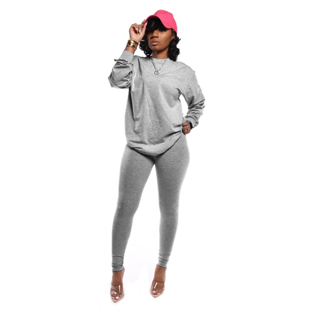 Two Piece Solid Color Women's Clothing Long Sleeve Crew Neck T Shirt Tight Fitting Trousers Pants Simple Style Tracksuit Outfit