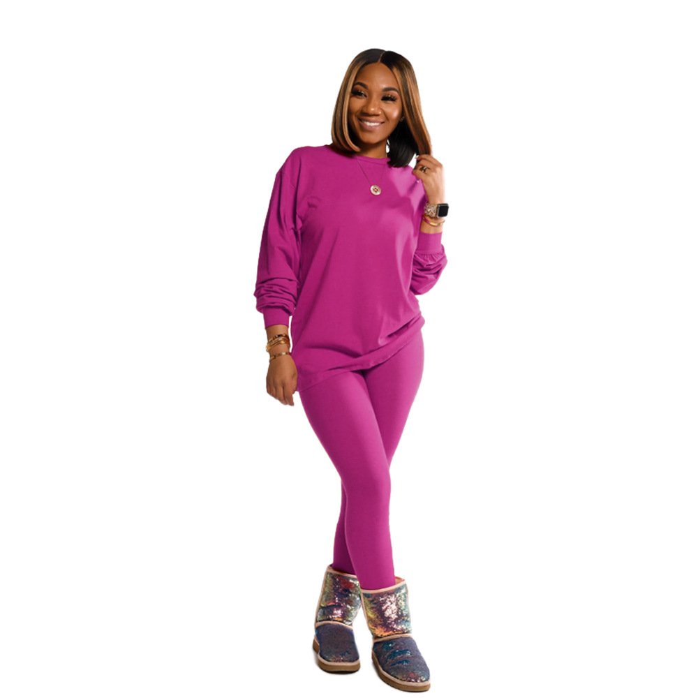 Two Piece Solid Color Women's Clothing Long Sleeve Crew Neck T Shirt Tight Fitting Trousers Pants Simple Style Tracksuit Outfit