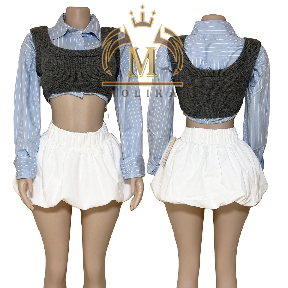 Spring Fall Women's Outfits Long Sleeve Crop Shirt+Knitting Vest+Skirt Two Piece Set Lady Y2K Knit 3 Piece Skirt Sets For Women