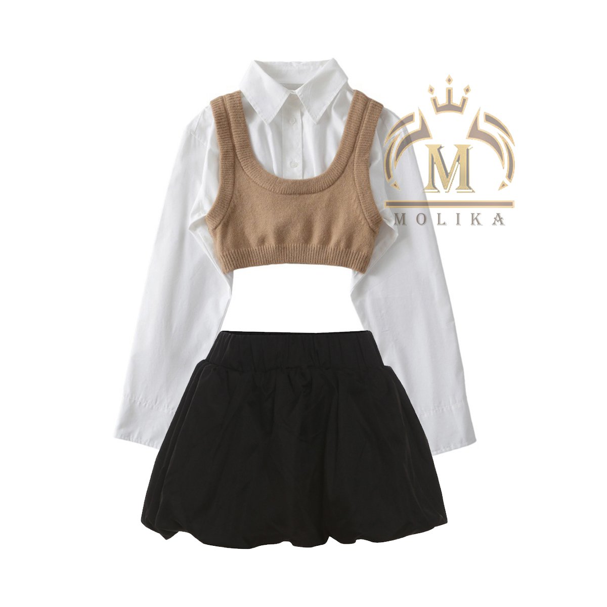 Spring Fall Women's Outfits Long Sleeve Crop Shirt+Knitting Vest+Skirt Two Piece Set Lady Y2K Knit 3 Piece Skirt Sets For Women