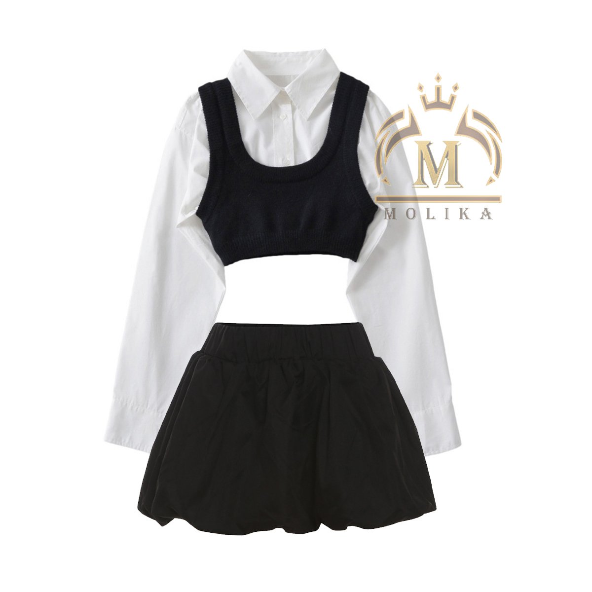 Spring Fall Women's Outfits Long Sleeve Crop Shirt+Knitting Vest+Skirt Two Piece Set Lady Y2K Knit 3 Piece Skirt Sets For Women