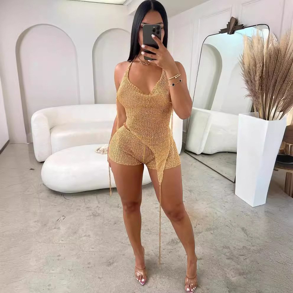 women trendy 3 piece outfits crochet knitted balaclava see through halter crop tops hollow out mini shorts sets women's sets
