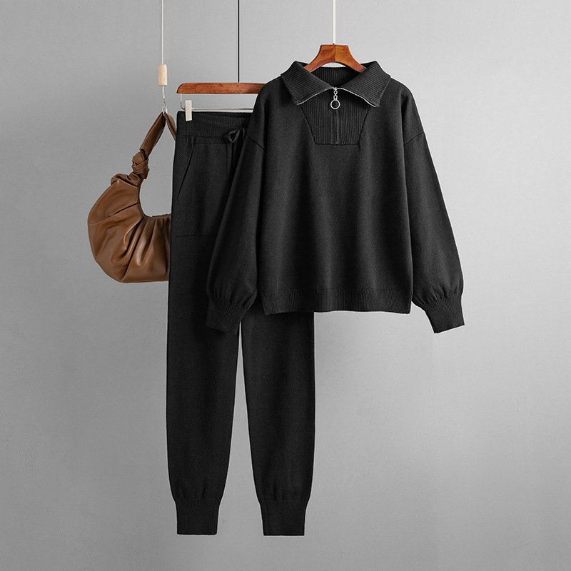 Lapel sweater set women's autumn and winter women's loose fashion casual knitting two-piece set