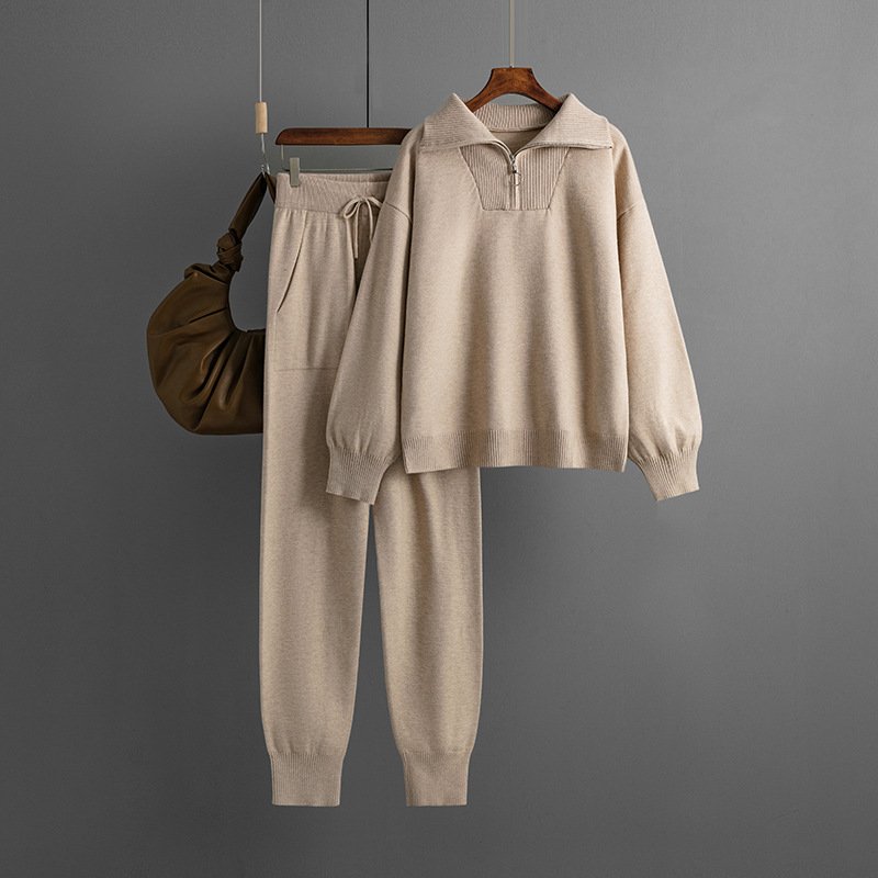 Lapel sweater set women's autumn and winter women's loose fashion casual knitting two-piece set