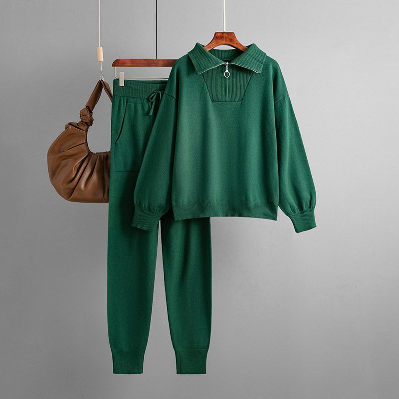 Lapel sweater set women's autumn and winter women's loose fashion casual knitting two-piece set