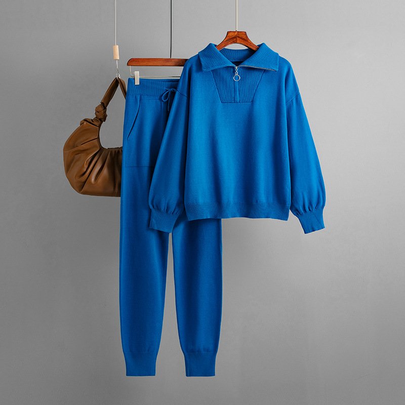 Lapel sweater set women's autumn and winter women's loose fashion casual knitting two-piece set