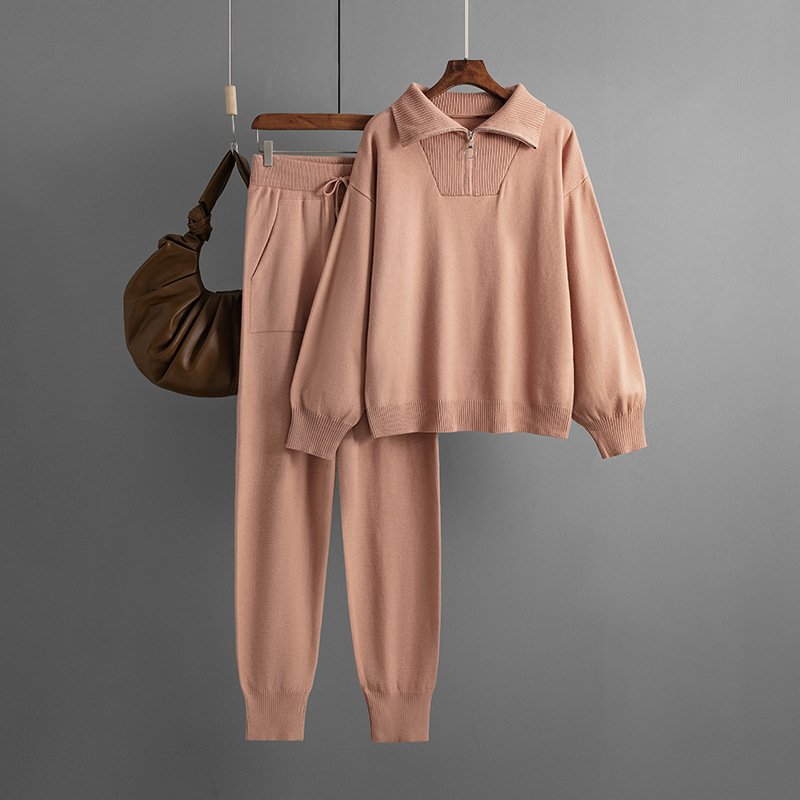 Lapel sweater set women's autumn and winter women's loose fashion casual knitting two-piece set