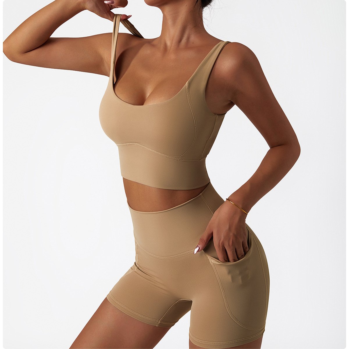 Quick-drying tight yoga clothes women's running sports set lulu nude fitness set with pockets