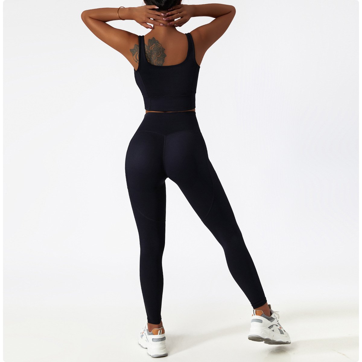 Quick-drying tight yoga clothes women's running sports set lulu nude fitness set with pockets