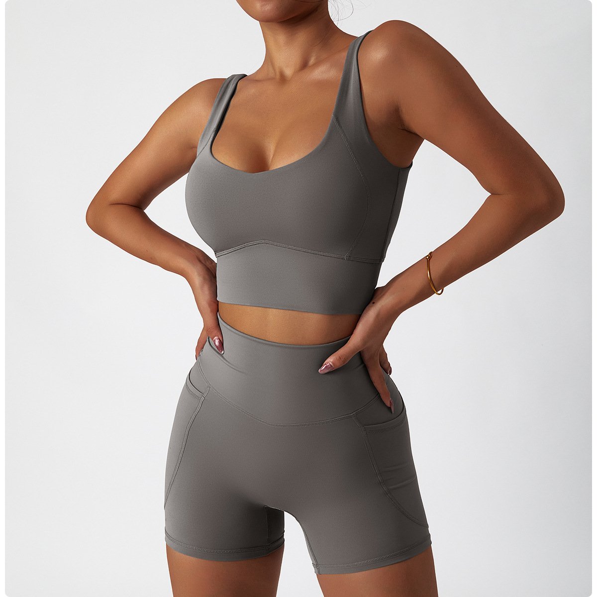 Quick-drying tight yoga clothes women's running sports set lulu nude fitness set with pockets