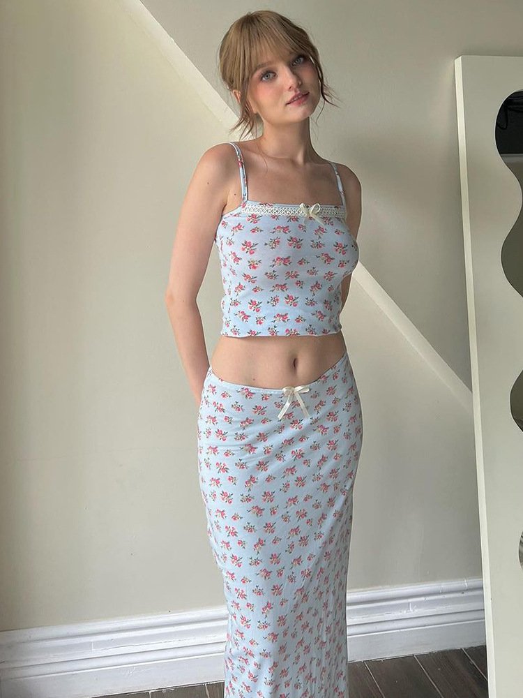 2024 Europe and the United States ins style women's fashion small fresh flower print halter small vest top long skirt set
