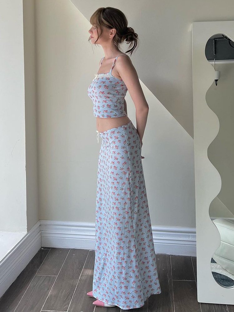 2024 Europe and the United States ins style women's fashion small fresh flower print halter small vest top long skirt set