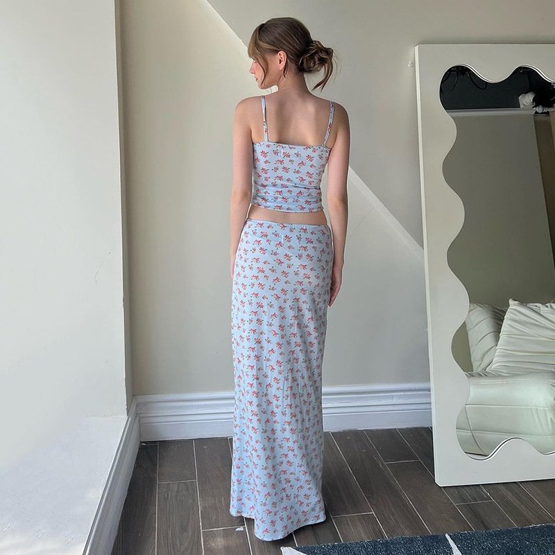 2024 Europe and the United States ins style women's fashion small fresh flower print halter small vest top long skirt set