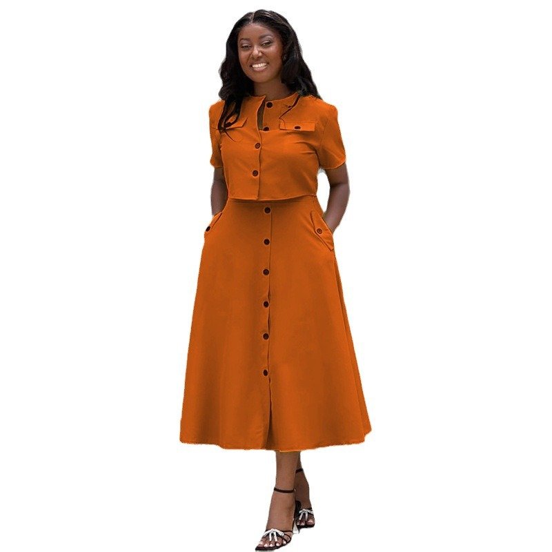 Wholesale 2024 Summer New Fashionable Temperament Round Neck Short Sleeved High Waisted Breasted Skirt Women's Set