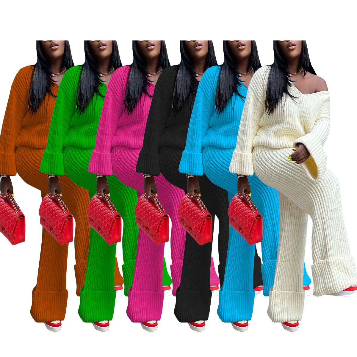 2024 winter autumn women solid color oversized sweater top with wide leg pants casual knitted Two Piece Set women's sets