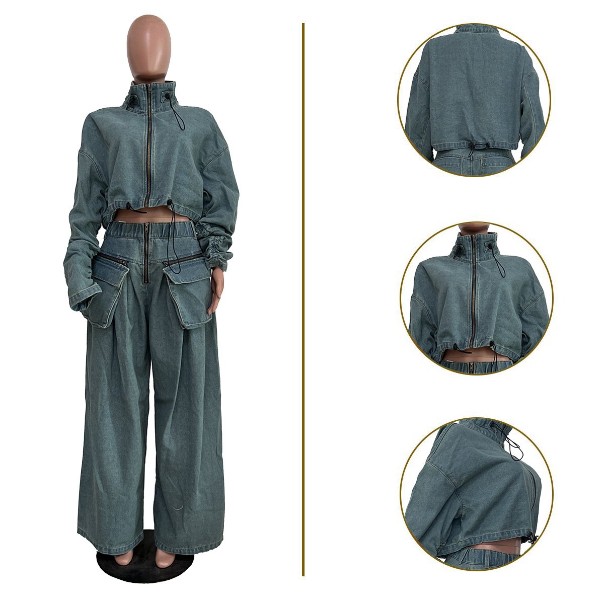 D1201TA70 Wholesale Lady Streetwear Denim Jeans Jacket Wide Leg Matching Sets Two Piece Pants Set Women's Sets Sehe Fashion