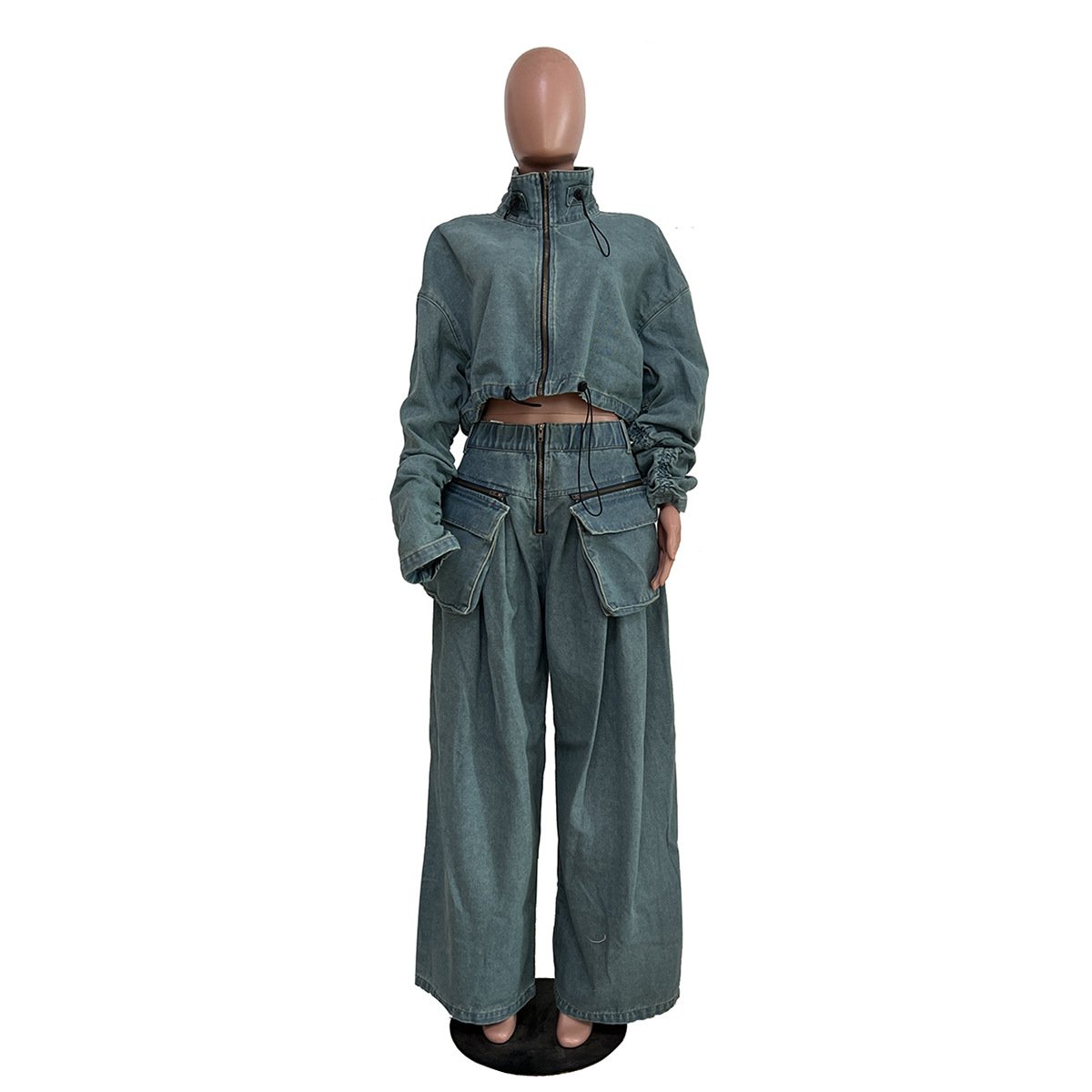 D1201TA70 Wholesale Lady Streetwear Denim Jeans Jacket Wide Leg Matching Sets Two Piece Pants Set Women's Sets Sehe Fashion