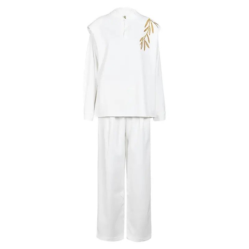 Wholesale 2024 Autumn New Fashion Stand Collar Embroidered Long Sleeved Shirt with Shoulder Straps and Pants Women's Set