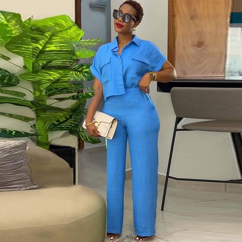 women clothes ladies casual solid color lapel short sleeve shirt crop top wide leg trousers pants fashion two piece women's sets