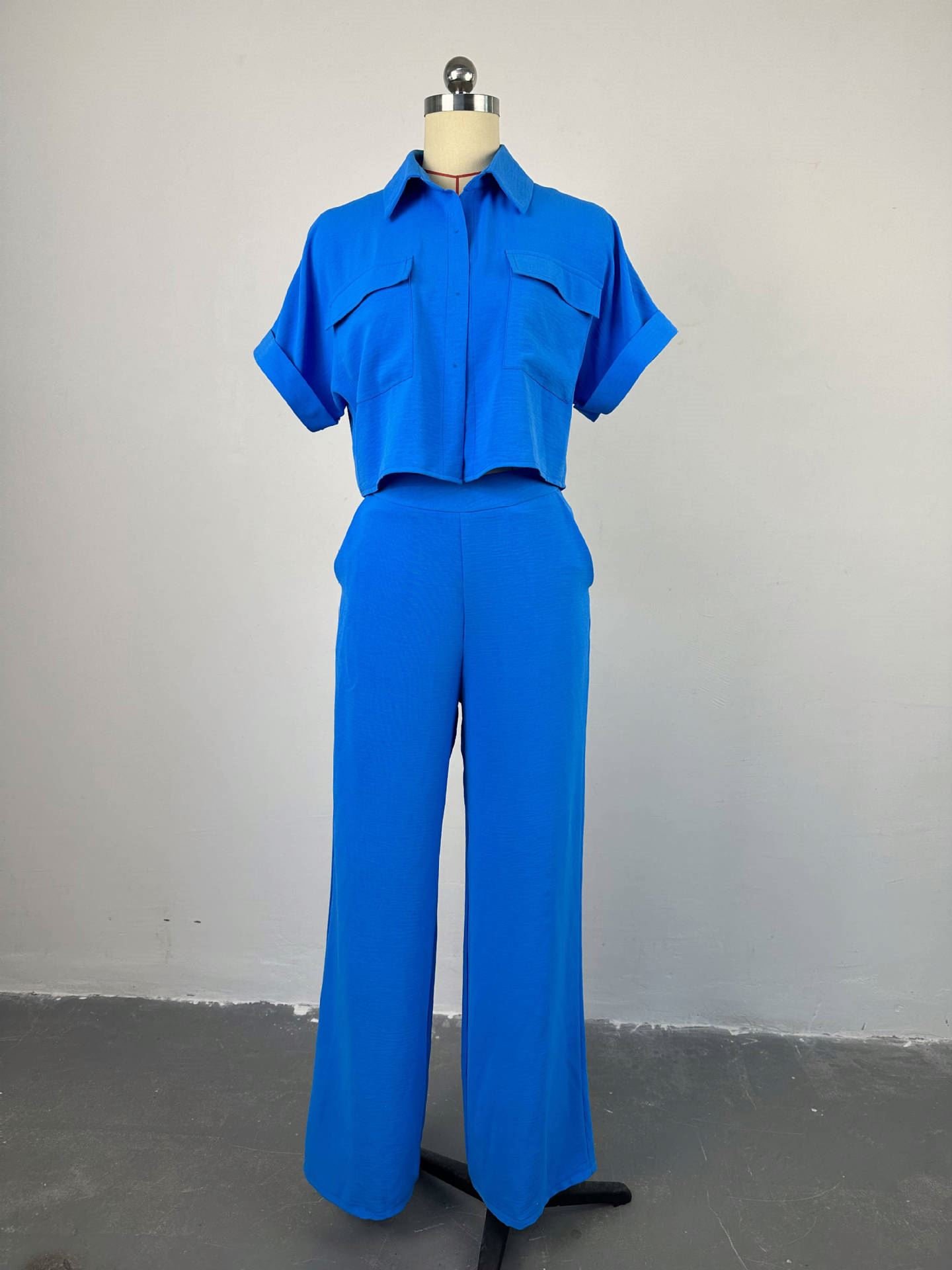 women clothes ladies casual solid color lapel short sleeve shirt crop top wide leg trousers pants fashion two piece women's sets