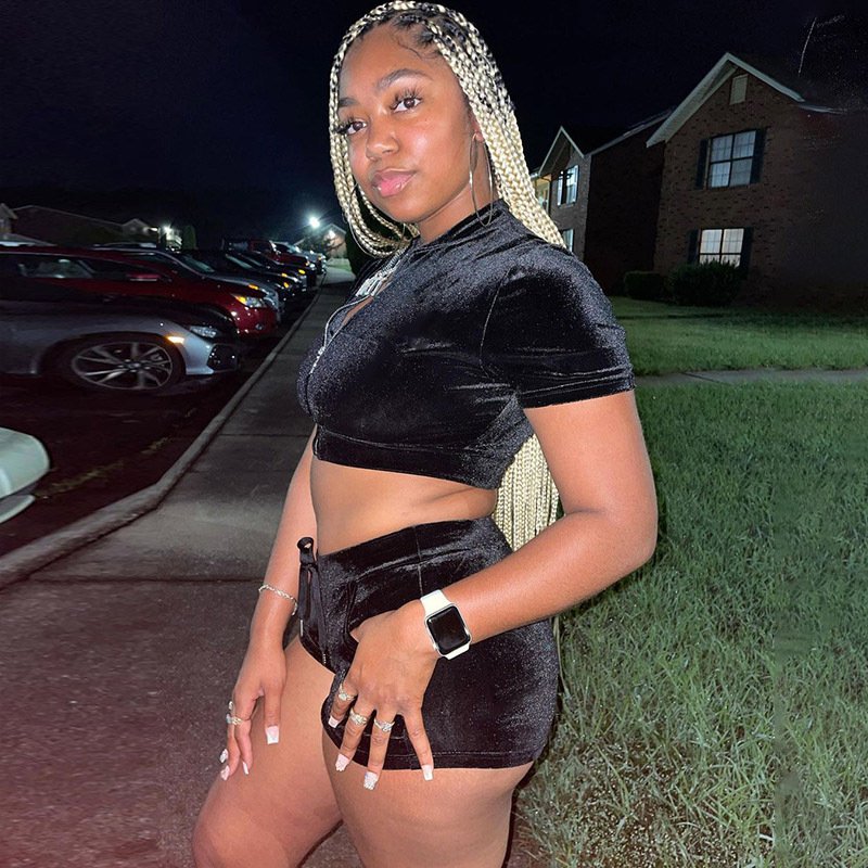 Custom Rhinestone LOGO Summer Outfit Crop Short Sleeve Zip Up Velvet Women Tracksuit Jogger Shorts Two 2 piece Women's Set